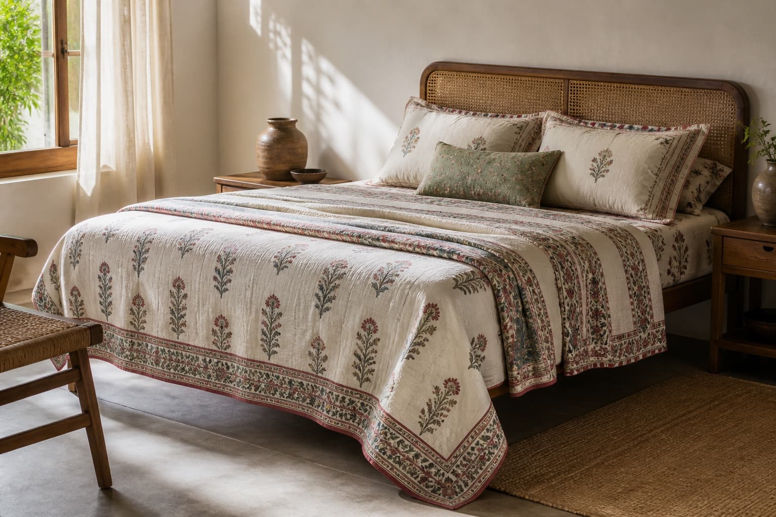 Patterned bedspread in a sunlit bedroom