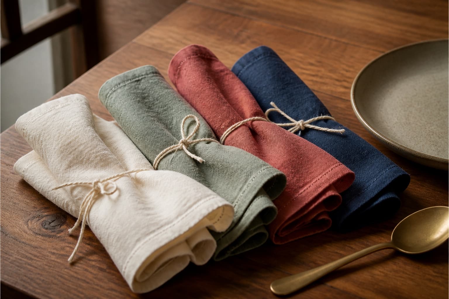 Folded napkins arranged with home textiles