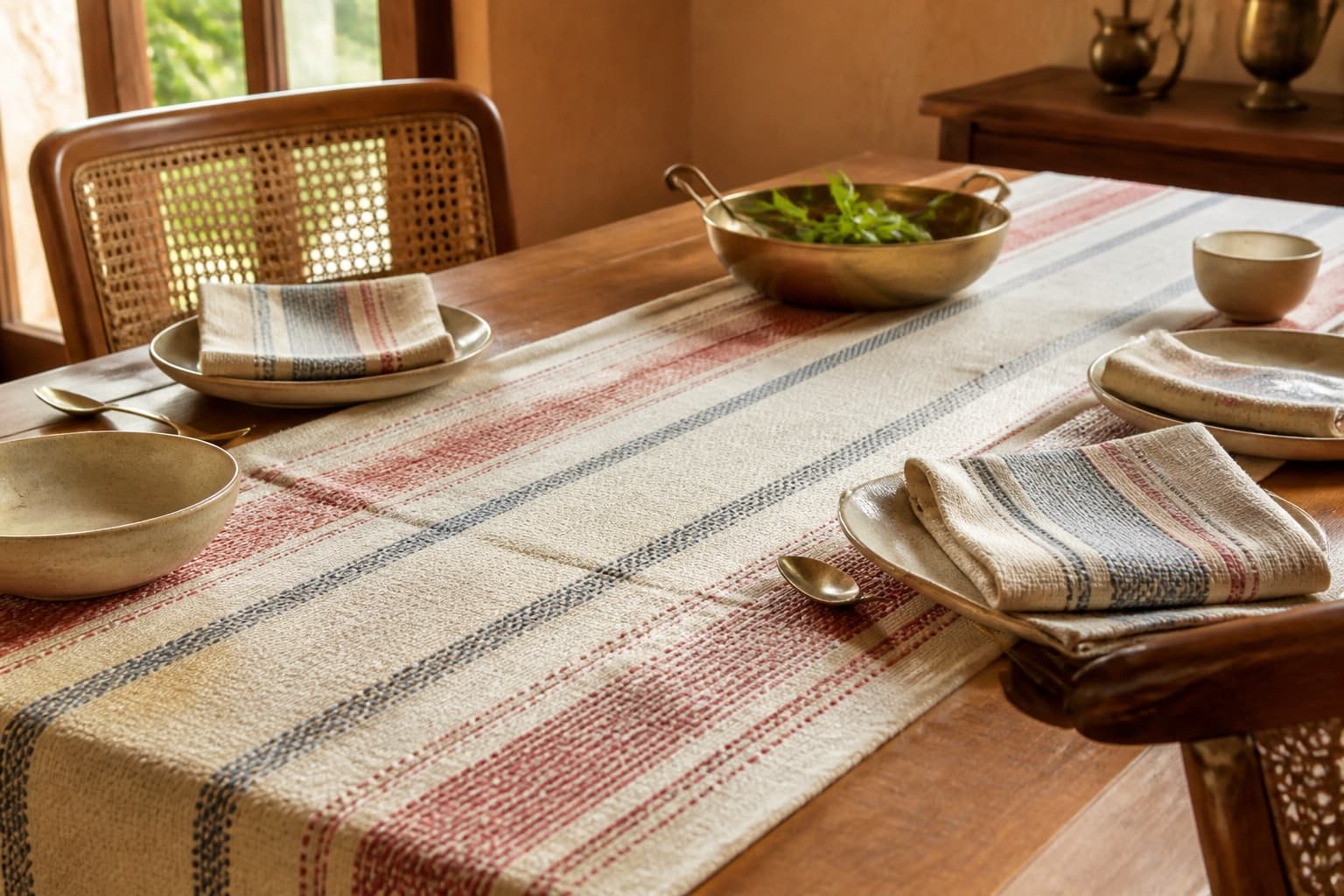 Table linen laid across a wooden dining table