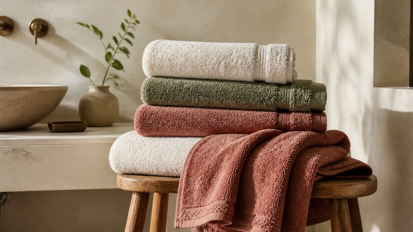 Folded towels in a sunlit room