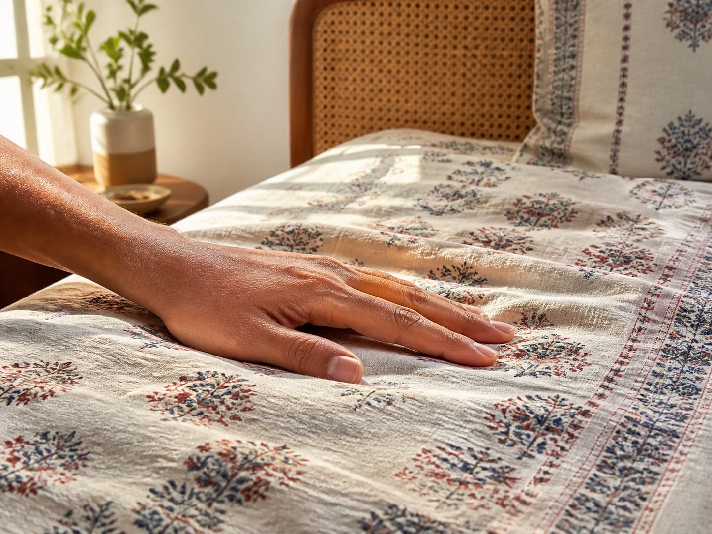 A hand feeling the texture of a bedspread