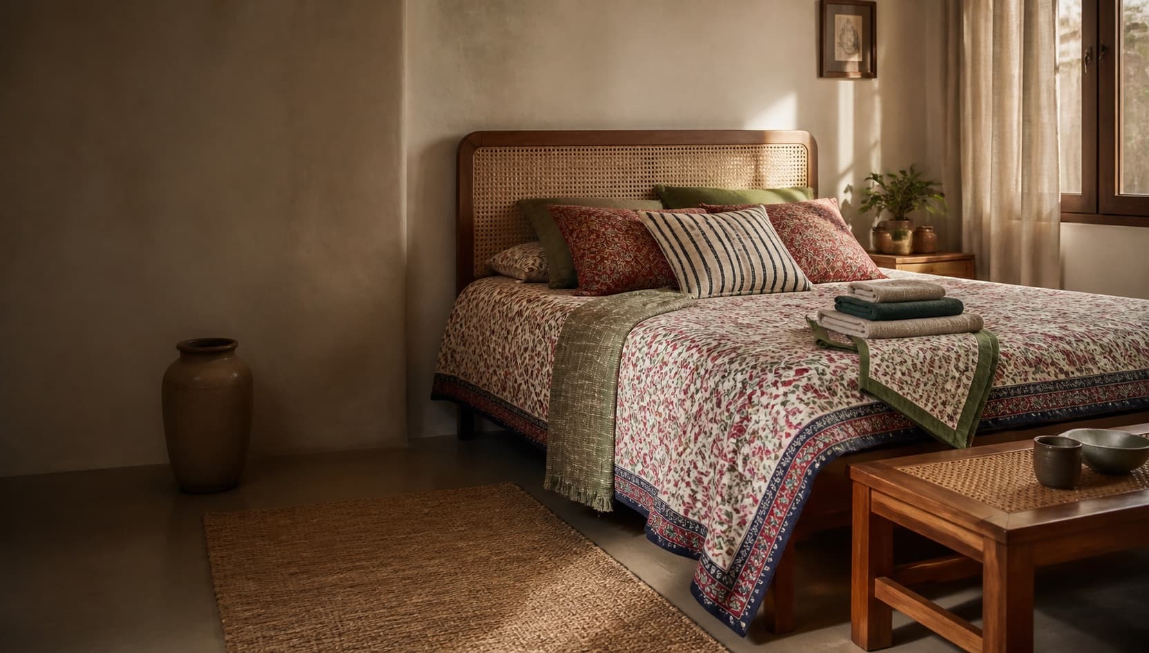 Beautiful bedroom setting with layered neutral textiles