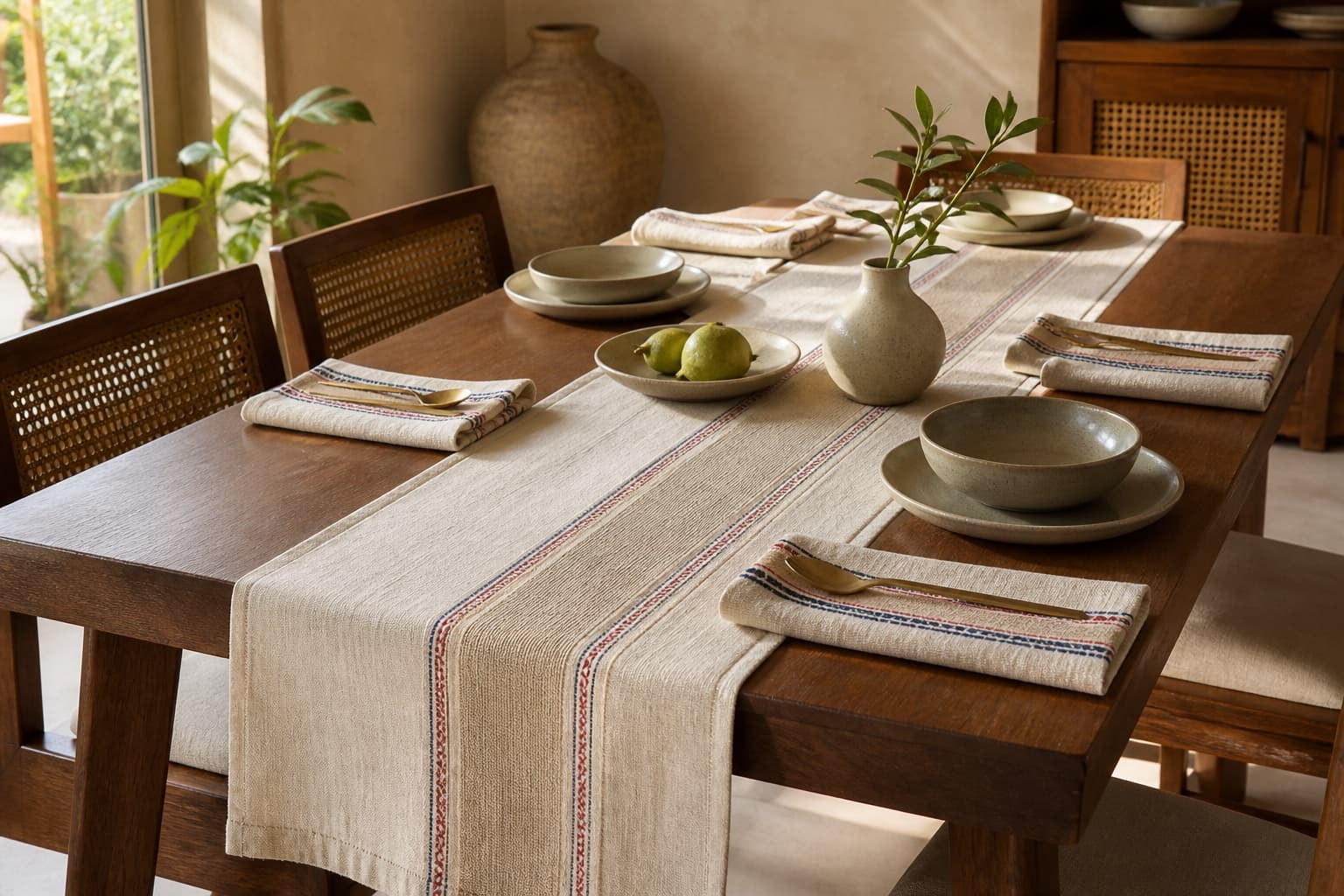 Table runner and napkins arranged for a shared meal