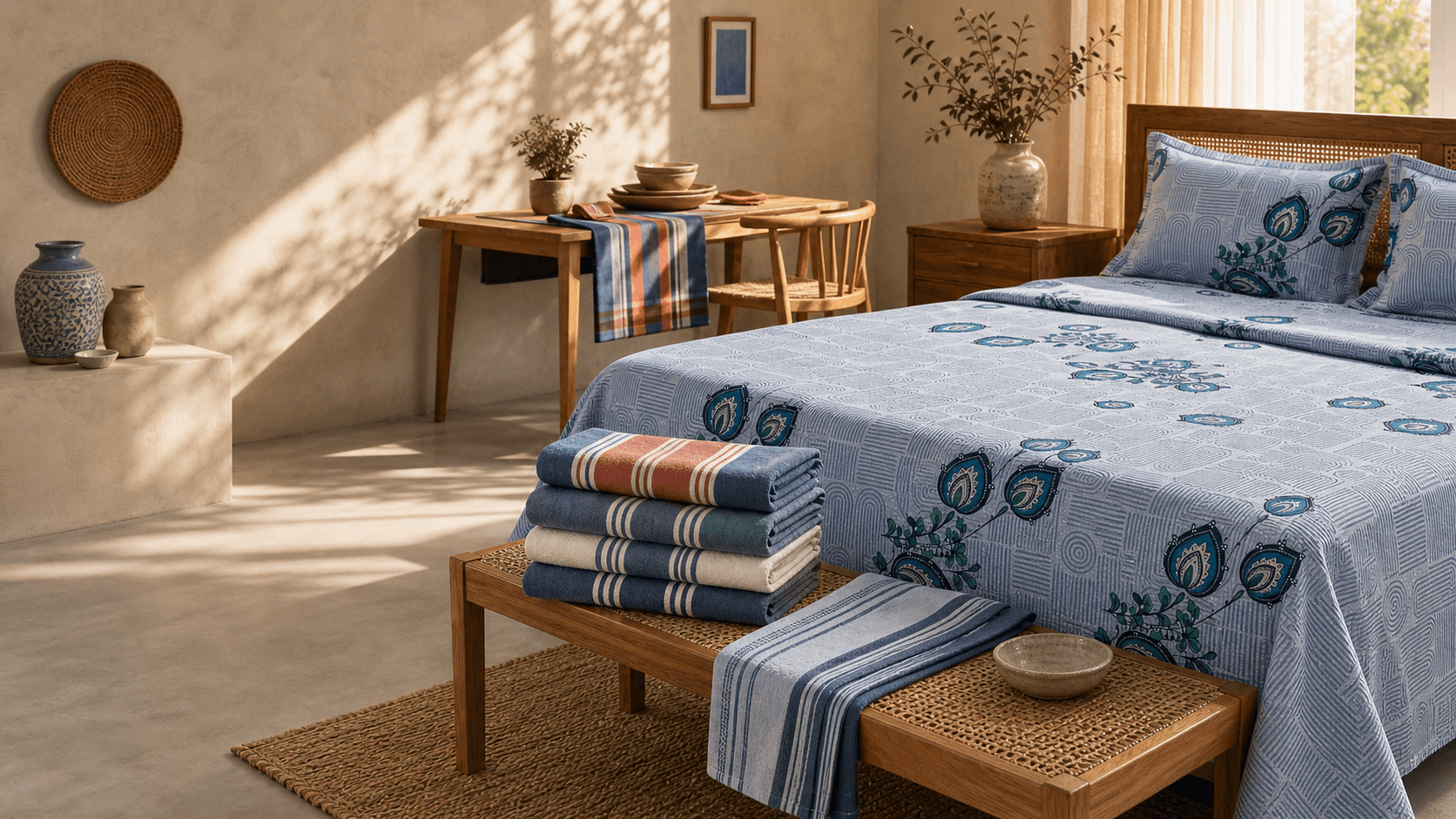Natural bedroom with layered home textiles