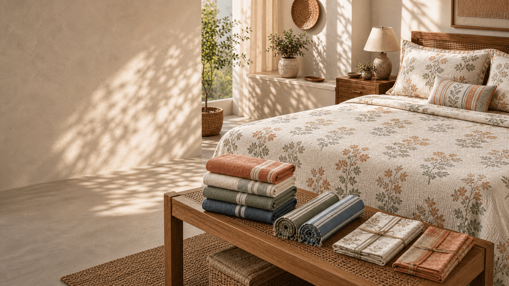 Bedspread and folded home textiles in a sunlit room
