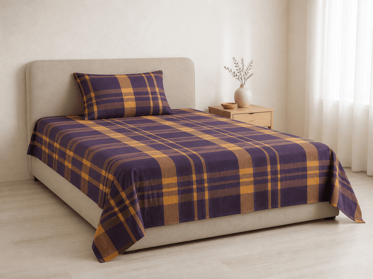 Bedspread design 8578 in ochre purple - hero