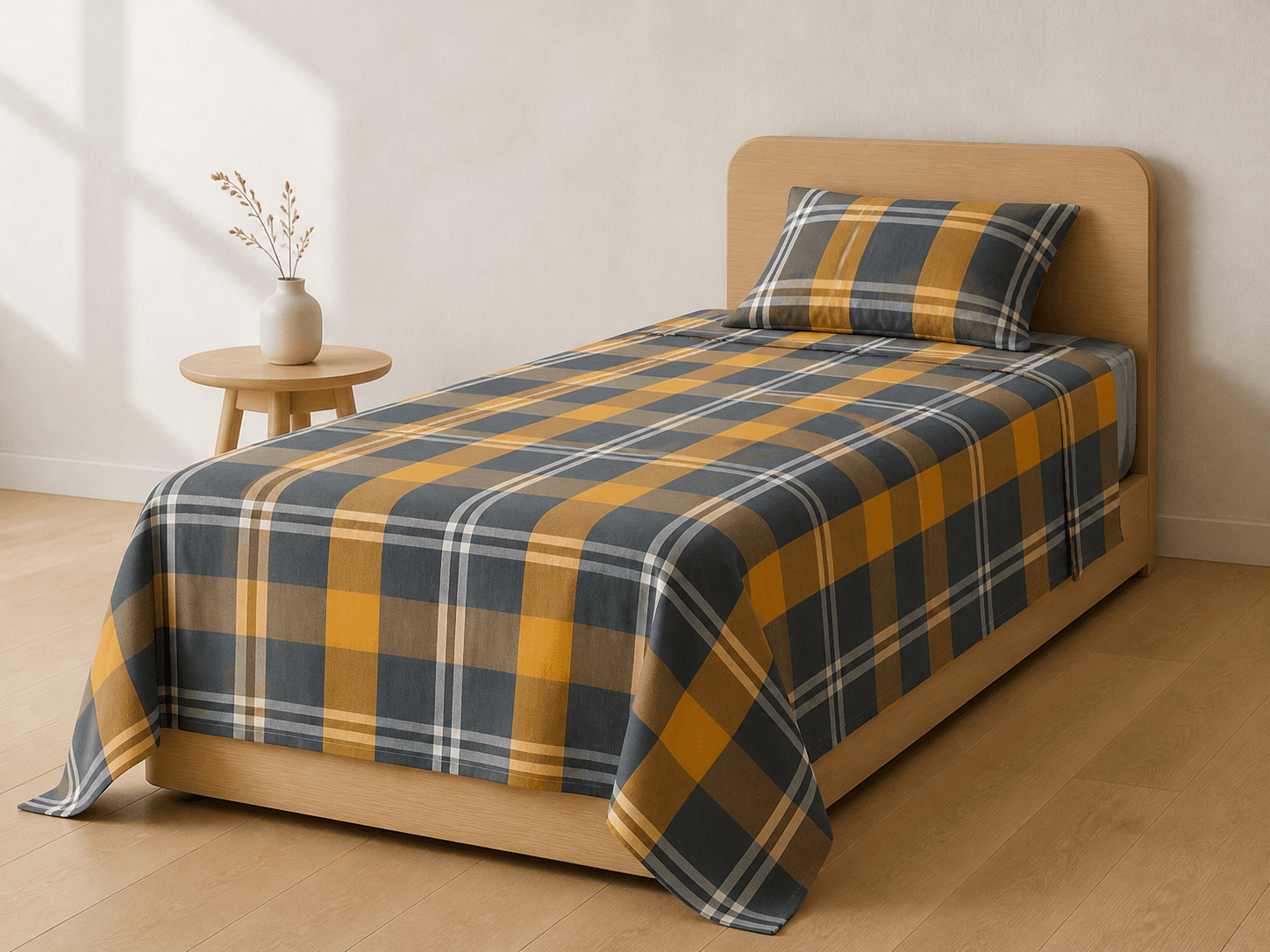 Bedspread design 8593 in ochre grey plaid - hero