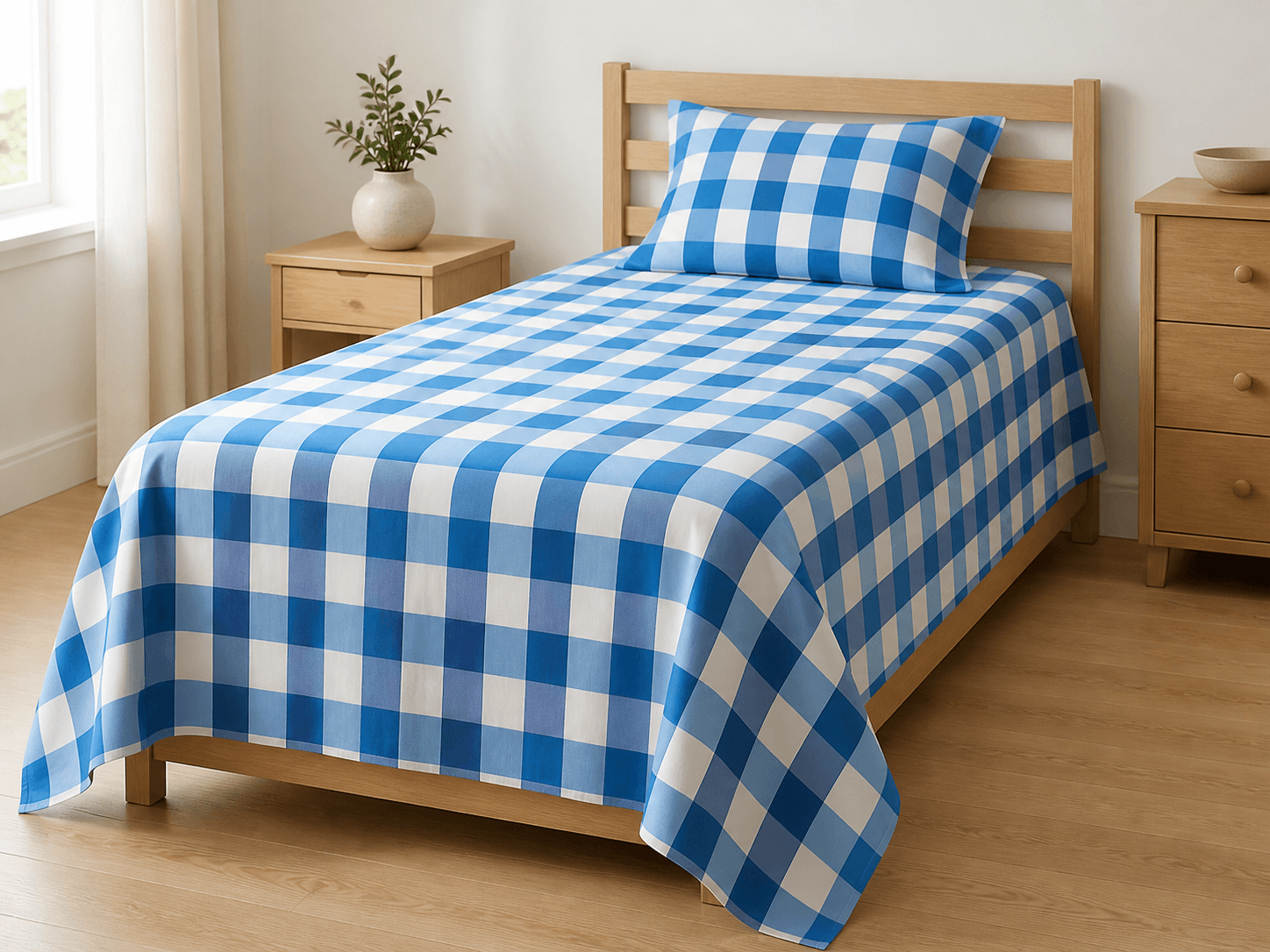 Bedspread design 8594 in blue white plaid - hero