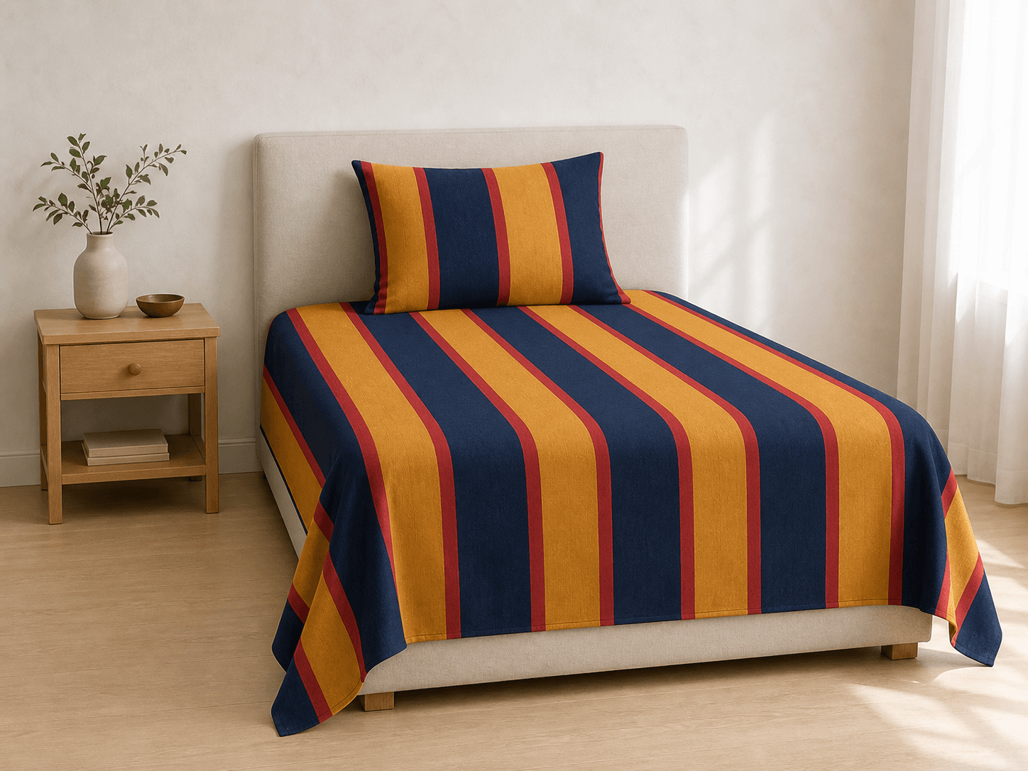 Bedspread design 8598 in navy ochre stripe - hero